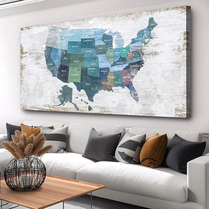 Wall Decor Map Canvas Wall Art for Wall Decoration Wood Background USA Canvas by ZEYDRT