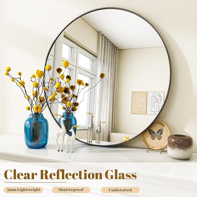 VooBang Large Black Round Bathroom Mirror, 48 inch Circle Wall Mounted Hanging - Image 4