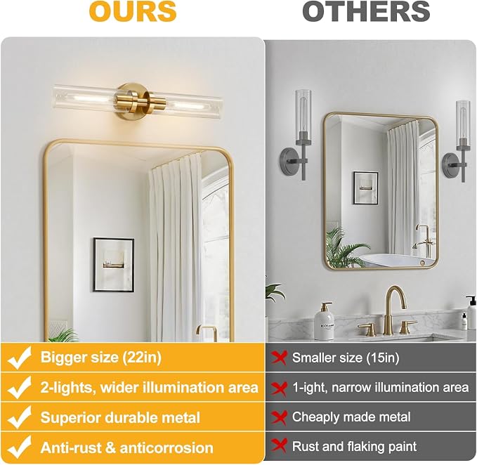 Indoi Brushed Gold Wall Sconces, Hardwired Bathroom Sconces Wall Lighting - Image 2