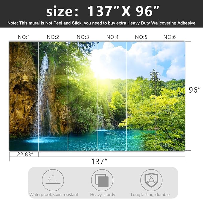 -Green Lake Waterfall Scenery Fabric Wallpaper Living Room Woodland Forest - Image 4