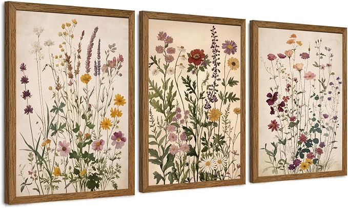 WRFON Botanical and Flower Canvas Wall Art, Framed Wildflower Wall Art Set of 3 by Unknown