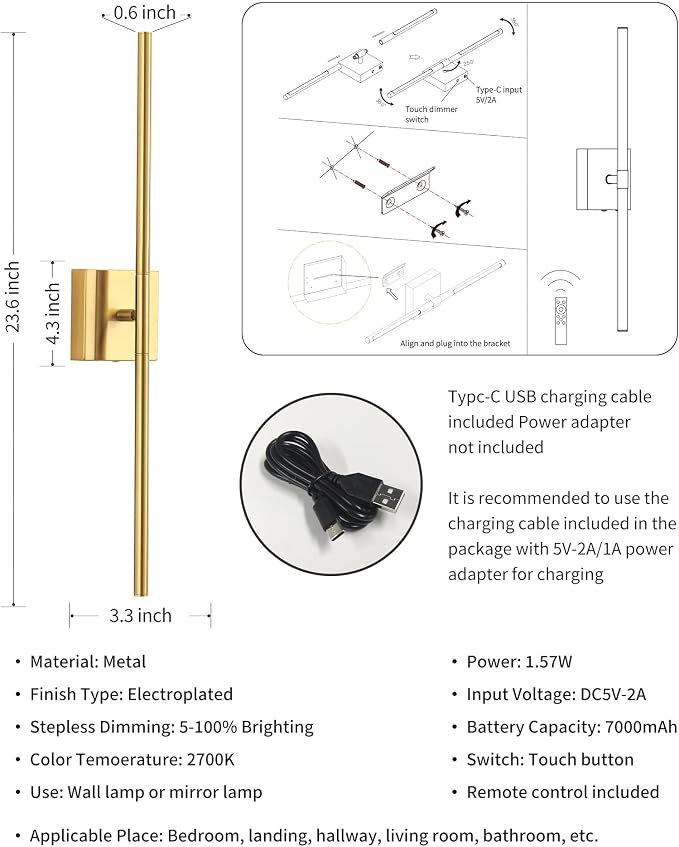 KDG Cordless Wall Sconces with Remote Control, Wireless 5200mAh Rechargeable - Image 5