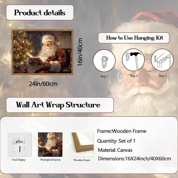 Framed Vintage Christmas Canvas Wall Art, Santa Claus Reading Book Paintings - Image 5
