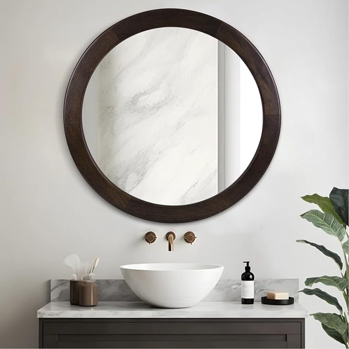 CULER Round Mirrors 30 Inch, Wood Vanity Wall Rustic Mirror - Image 3