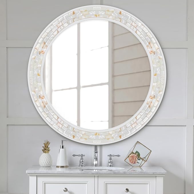 Tanmicoshomy 36 Inch Large Round Mirror, Natural Shell Inlay Framed Large - Image 4