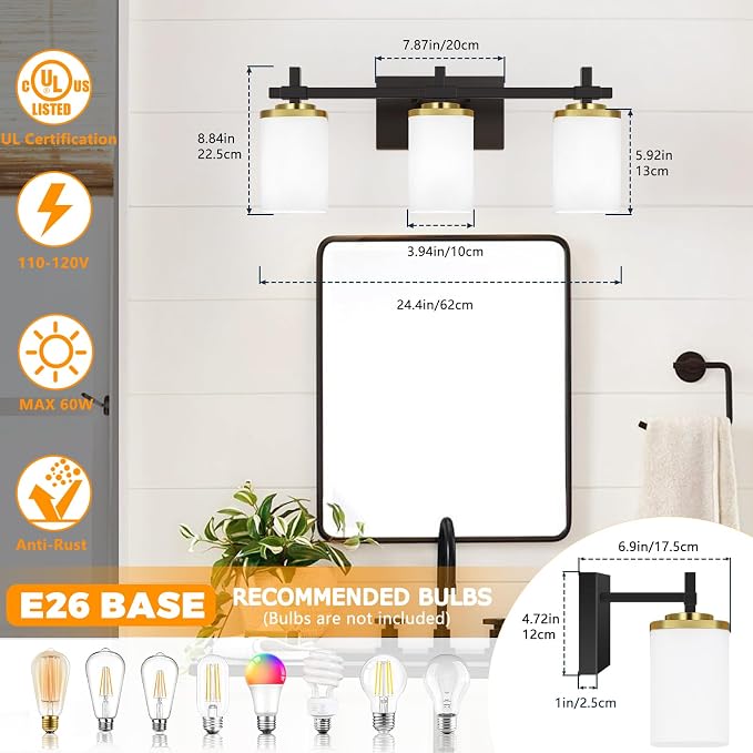 3-Lights Black and Gold Bathroom Lighting Fixtures Over Mirror, Anti-Rust - Image 2