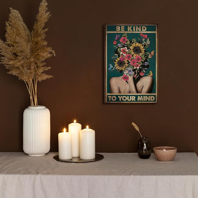 DIHSIEG Floral Canvas Wall Art Be Kind to Your Mind Vintage Poster Rimless - Image 5