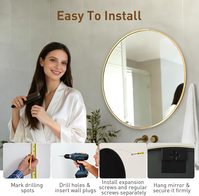 NEWBULIG Round Bathroom Mirror for Over Sink, 24 Inch Wall Mount Vanity Circle - Image 8