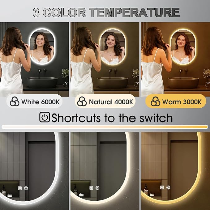 16x24 LED Bathroom Mirror with Lights Oval, Lighted Bathroom Vanity Mirror - Image 2