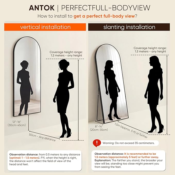 Antok 58" x19” Arched Full Length Floor Mirror, Free Standing/Wall Mount/Leaning - Image 8