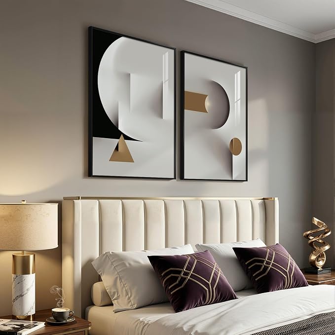 Large Framed Modern Elegant Abstract Wall Art, 2 Piece Black White Gold - Image 2