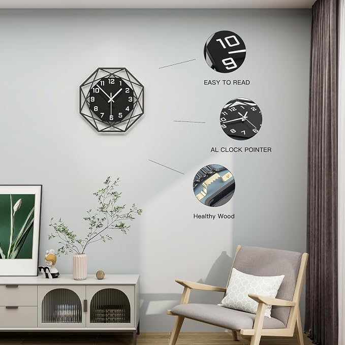 Modern Wall Clocks for Living Room Decor 12in Black Wall Clock Silent - Image 4