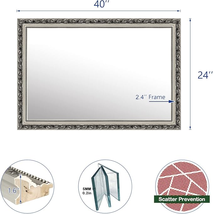 HA Bathroom Mirrors 40x24 Inch for Wall, Rectangle Silver Frame Wall Mounted - Image 3
