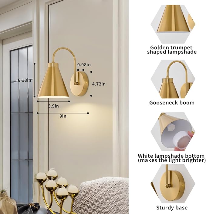 Powfloven Vintage Rechargeable Wall Sconces Set of 2, Wireless Gooseneck Indoor - Image 2