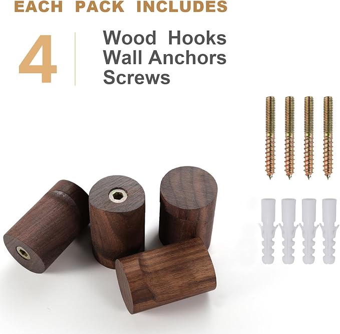 bsdonte Wood Wall Hooks, 4 Pack Wooden Coat Hooks Wall Mounted, Rustic Hat - Image 6