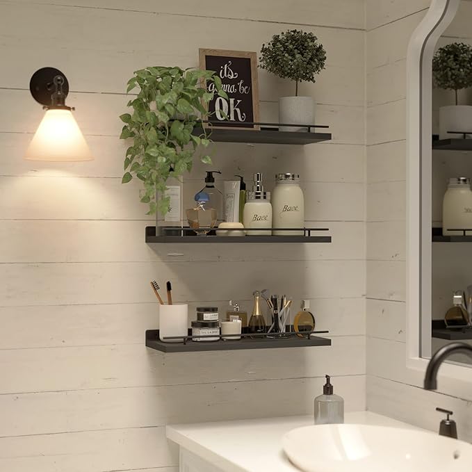 WOPITUES Floating Shelves with Black Metal Guardrail, Shelves - Image 5
