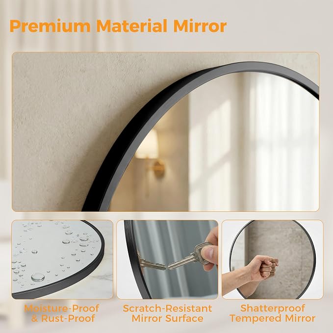OLIXIS 36 Inch Black Round Bathroom Wall Mirror, Round Bathroom Mirrors - Image 6