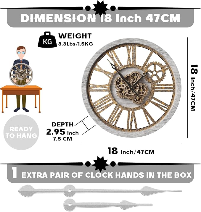 B-Style Large Wall Clock 18 Inch Moving Gear Oversized Vintage Farmhouse Rustic - Image 4