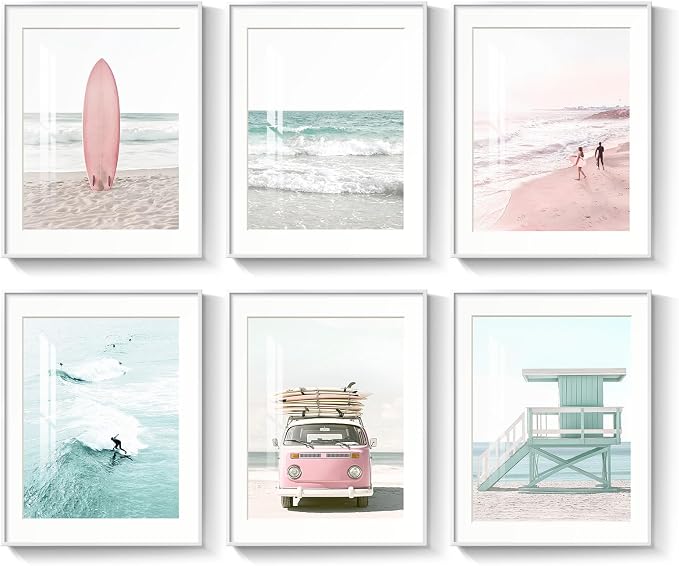 Framed Coastal Beach Wall Art for Living Room, 6 Piece Ocean Wave Surfboard by MXART