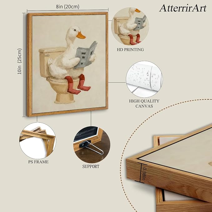 AtterrirArt Framed Funny Bathroom Wall Art, 8 * 10 inch, Cute Duck on Toilet - Image 4