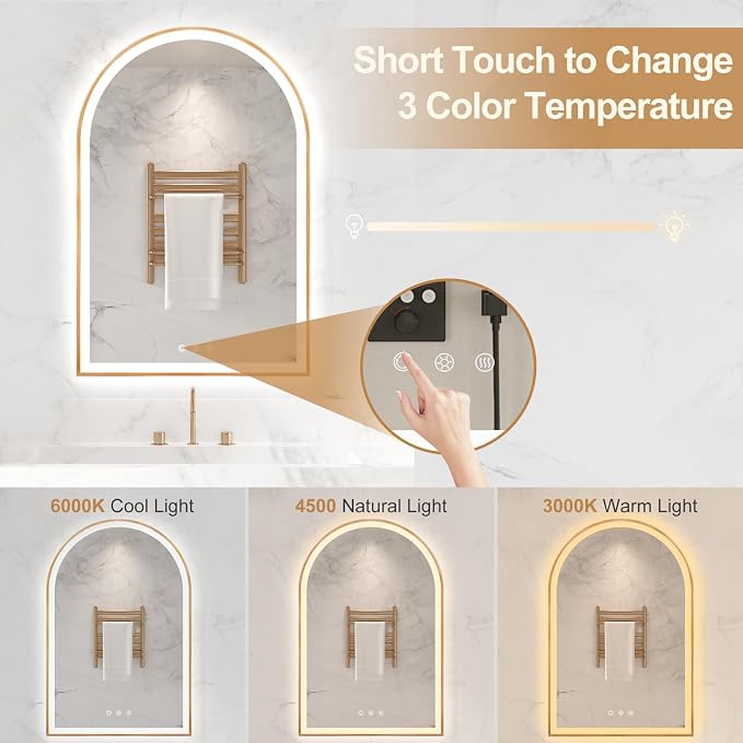 Arched LED Mirror for Bathroom 24"x36", Shatterproof, Touch Sensor, 3 Color - Image 3