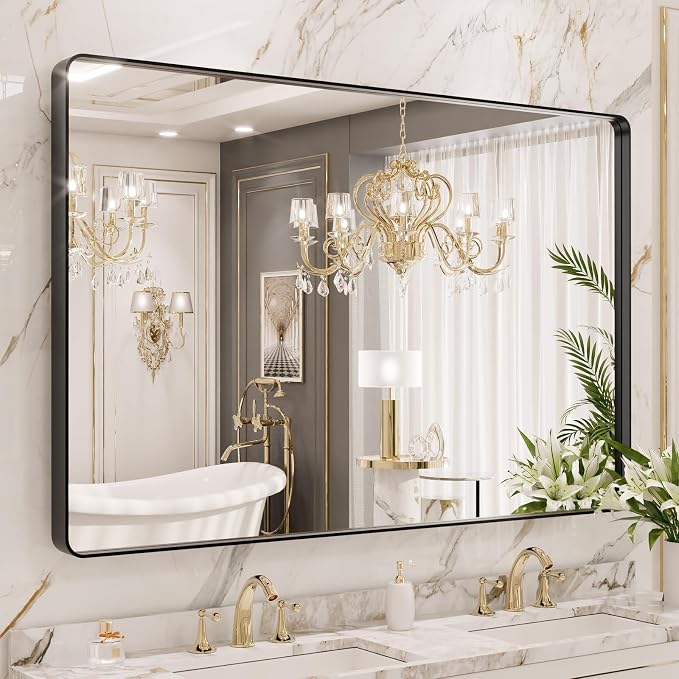 LOAAO 48X40 Inch Black Metal Framed Bathroom Mirror by LOAAO