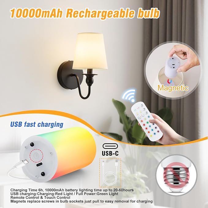 Battery Operated Wall Sconce Set of 2, Rechargeable Wall Sconce - Image 4