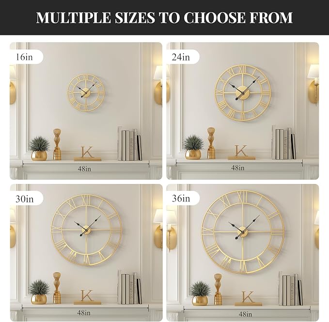 Cuspin 36 Inch Large Gold Wall Clock, Battery Operated Silent Non Ticking Metal - Image 6