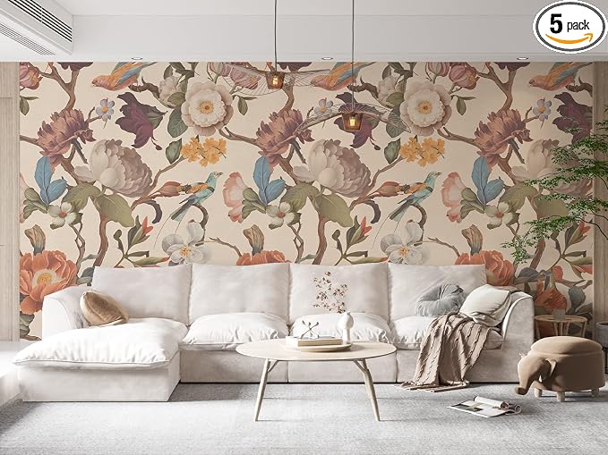 Zeeko Floral Peel and Stick Wall Mural Beige Flower Wallpaper by Zeeko