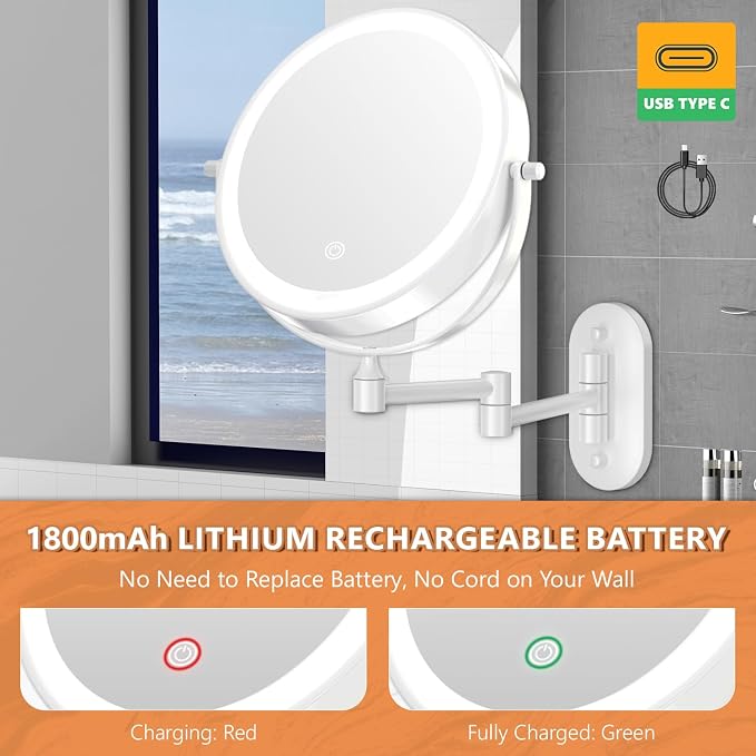 Auxmir 8'' Wall Mounted Lighted Makeup Mirror, 3200mAh Rechargeable - Image 3