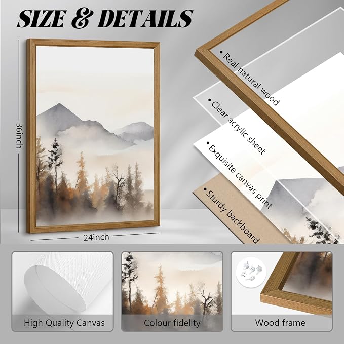 Neutral Mountain Wall Art Decor Set of 3 Forest Canvas Wall Art Poster - Image 2