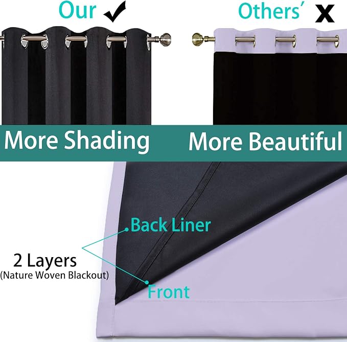 Yakamok Lilac 100% Blackout Lined Curtains, 2 Thick Layers Completely Blackout - Image 5