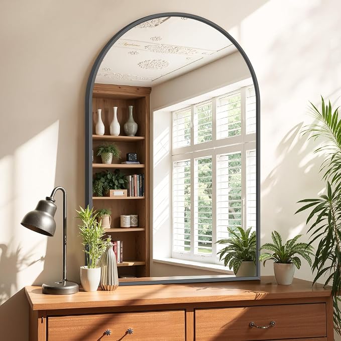 Bathroom Mirror for Wall, 38x26 Inch Arched Mirror, Matte Black Metal Framed - Image 4