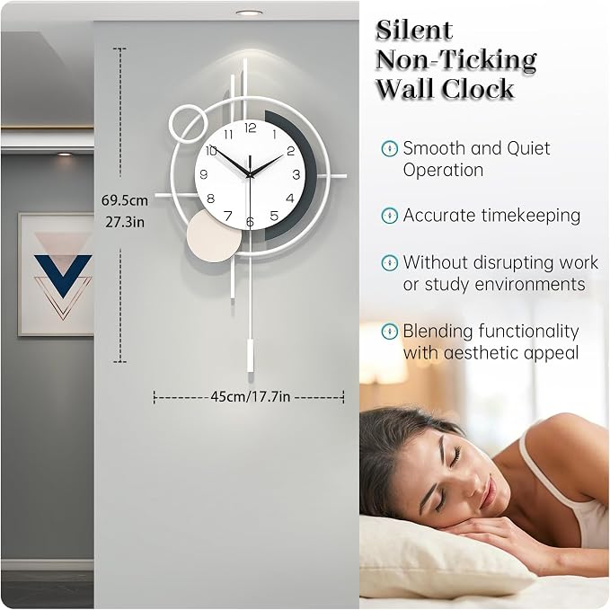 Large Decorative Wall Clock Silent Non-Ticking Quartz Battery Operated Pendulum - Image 4