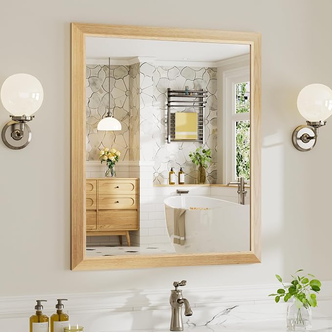 36x30 Inch Bathroom Mirror for Wall, Anti-Rust Oak Wood Grain Metal Framed by Briivuemodernmirrors