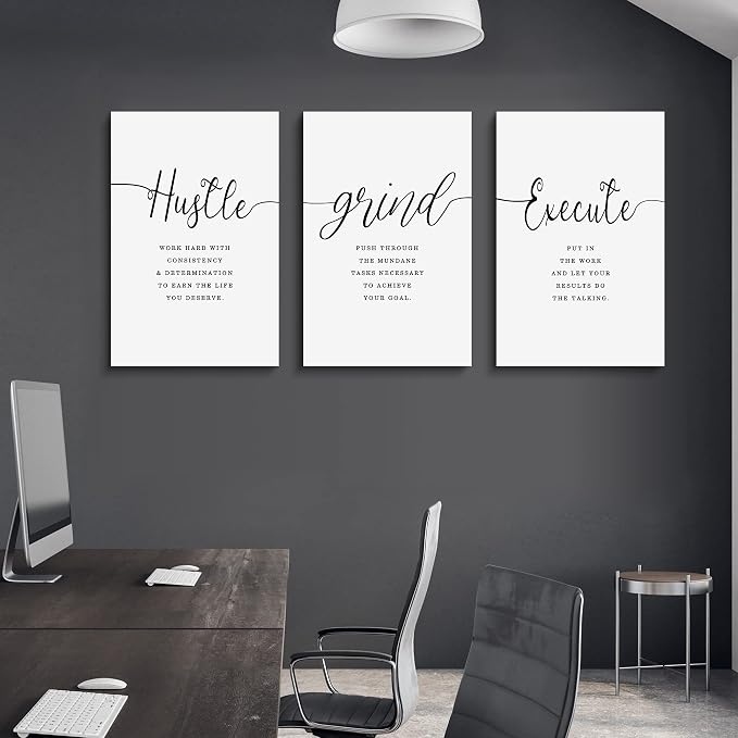 Framed Canvas Wall Art Hustle Quote, Office Wall Art, Positive Motivational Set - Image 2