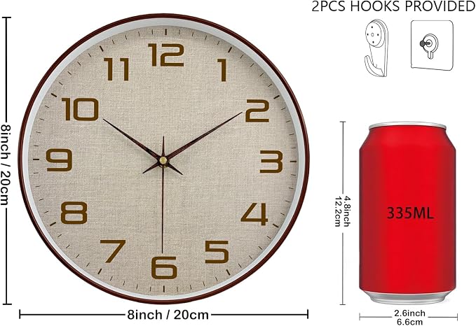 Woodgrain Wall Clock, Silent Non-Ticking Wall Clocks Battery Operated 8 Inch - Image 3