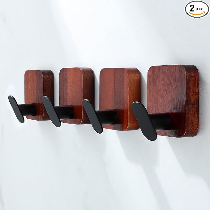 DELITON Acacia Wooden Towel Hooks Red Brown, 4 Pack Sticky Hooks by DELITON