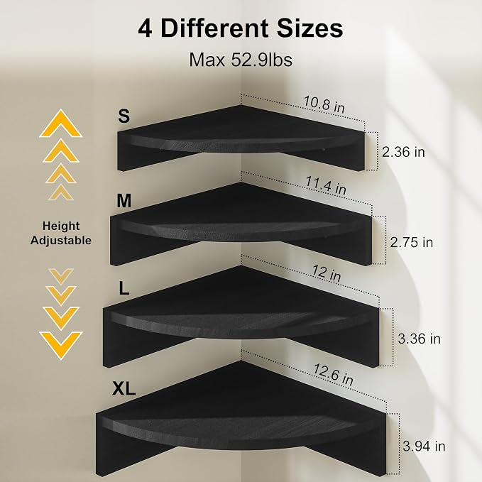 Alsonerbay Black Corner Wall Shelf, Floating Shelves Wall Mount Set of 4 - Image 3