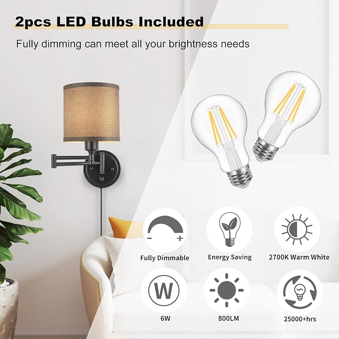 GOODATE Dimmable Plug in Wall Sconces, Swing Arm Wall Lamp, Wall Sconces Set of - Image 3