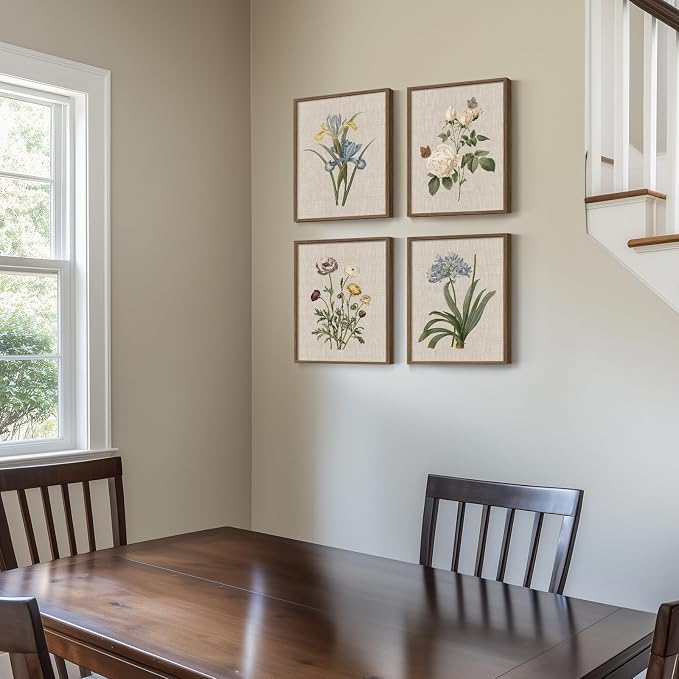 Framed Vintage Botanical Wall Art, 4 Piece Rustic Floral Painting Canvas Prints - Image 4