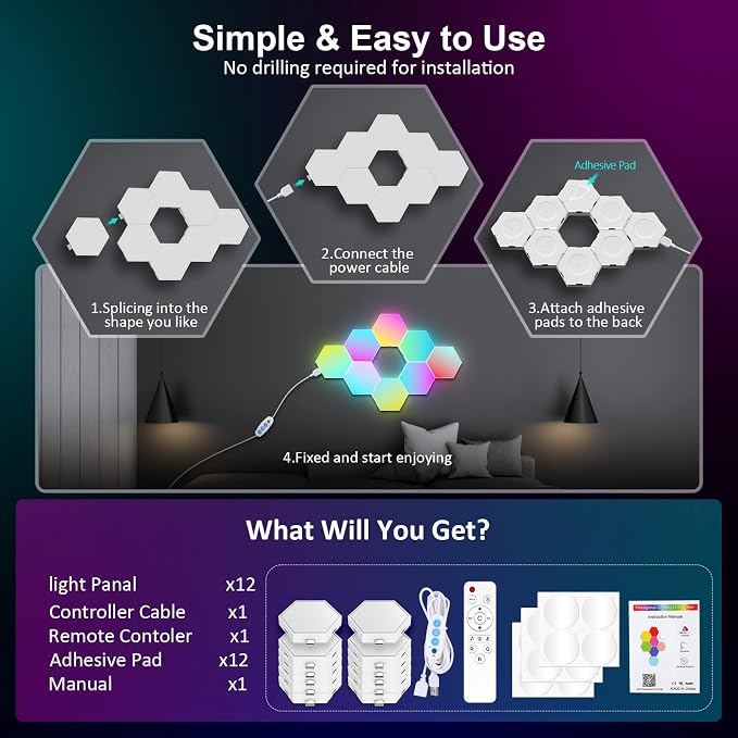 OJQ 12 Pack Hexagon Lights Wall RGB Panel - Image 7