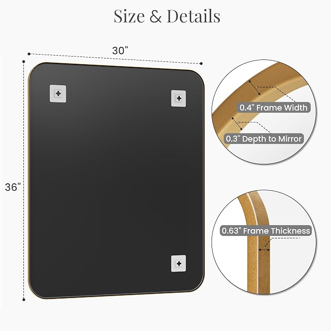 30x36 Inch Matte Gold Bathroom Vanity Mirrors | Flush Mount Deep Set Metal Wall - Image 7