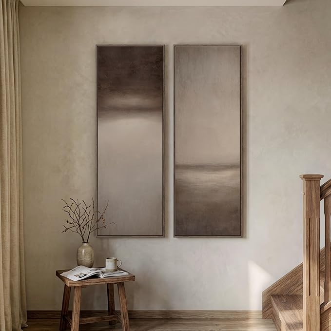Long Narrow Framed Brown and Beige Neutral Abstract Vertical Wall Art, by Cuspin