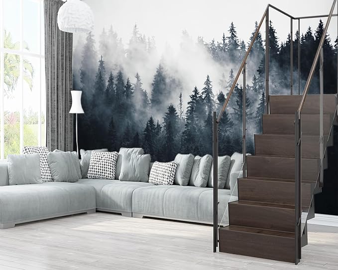 XMPMBM-Foggy Forest Fabric Wallpaper Pine Forest Living Room Bedroom Bathroom - Image 3