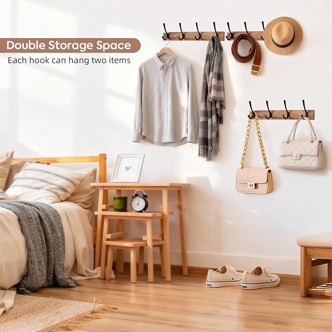 Yangbaga Coat Rack Wall Mount, Acacia Wood Coat Hooks Wall Mount, Hat Rack Wall - Image 5