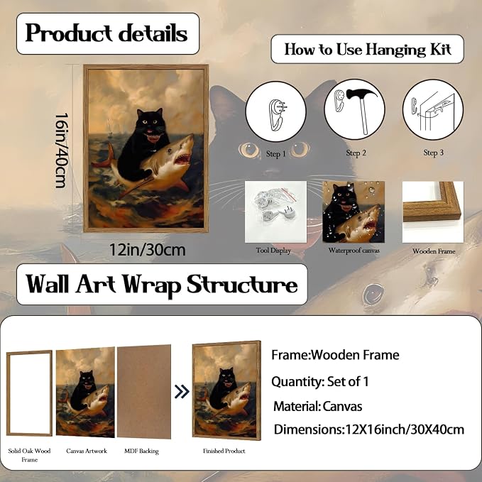 Funny Black Cat Wall Art Whimsical Cat Riding a Shark Wall Decor Picture Unique - Image 3