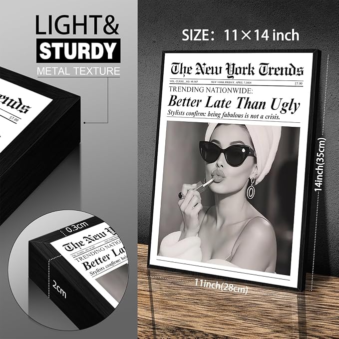 Trendy Newspaper Black Framed Posters Better Late Than Ugly Wall Art Vintage - Image 2