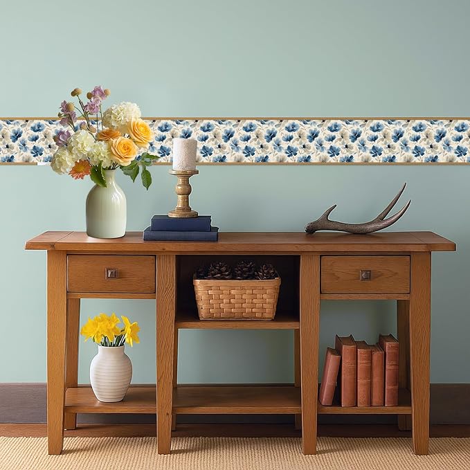 Blue Floral Wall Border 196x4 Inch Peel and Stick Vintage Flower Wallpaper - Image 6
