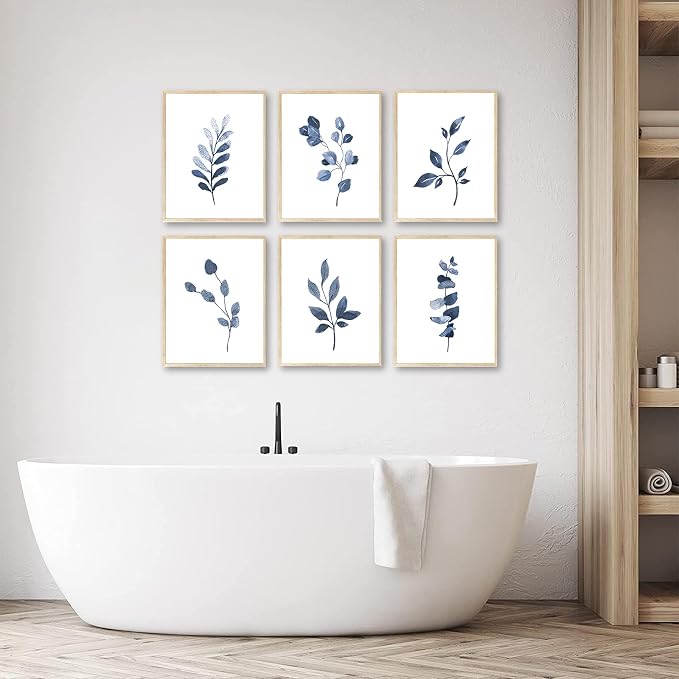 Navy Blue Botanical Wall Art Set of 6 Unframed, Minimalist Abstract Botanical - Image 4
